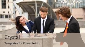  Presentation with people street - Amazing slides having business people sign a contract street outdoors backdrop and a mint green colored foreground