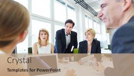  Presentation with meeting table - PPT theme having business-people-sit-around background and a coral colored foreground