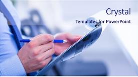  Presentation with people - Audience pleasing PPT theme consisting of business people sitting and writting backdrop and a  colored foreground