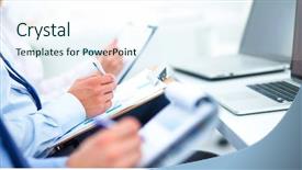  Presentation with animated business people - Slides having business people sitting and writting background and a sky blue colored foreground