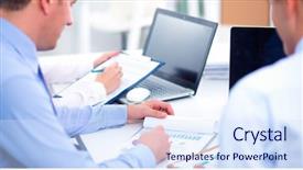  Presentation with people - Audience pleasing theme consisting of business people sitting and writting backdrop and a sky blue colored foreground