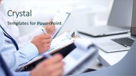  Presentation with animated business people - Presentation theme consisting of business people sitting and writting background and a  colored foreground