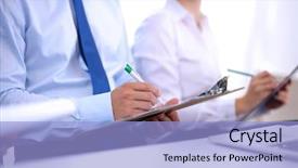  Presentation with business people moving gear - Audience pleasing PPT theme consisting of business people sitting and writting backdrop and a  colored foreground