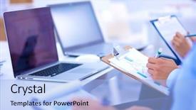  Presentation with people - Slide deck featuring business people sitting and writting background and a  colored foreground