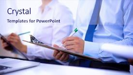  Presentation with people - Cool new PPT theme with business people sitting and writting backdrop and a sky blue colored foreground