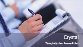  Presentation with people - Theme having business people sitting and writting background and a  colored foreground