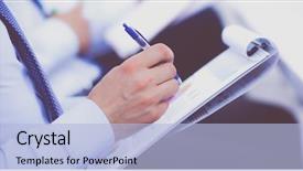  Presentation with people - Audience pleasing PPT theme consisting of business people sitting and writting backdrop and a  colored foreground