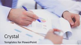  Presentation with blue and orange business people - Presentation featuring business people sitting and writting background and a light gray colored foreground