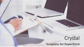  Presentation with people - Audience pleasing theme consisting of business people sitting and writting backdrop and a  colored foreground