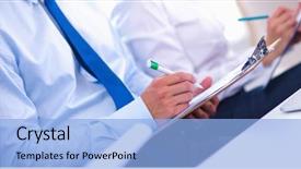  Presentation with business people moving gear - PPT theme featuring business people sitting and writting background and a  colored foreground