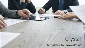  Presentation with computers - Amazing slides having business-people-sitting-around backdrop and a light gray colored foreground