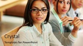  Presentation with meeting table - Audience pleasing theme consisting of business people sitting around a table during a meeting in office backdrop and a coral colored foreground