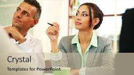  Presentation with meeting table - Beautiful presentation featuring business people sitting around a table during a meeting in office backdrop and a soft green colored foreground