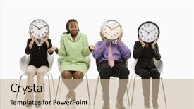  Presentation with faces - Slide deck with business-people-sitting-holding-clocks background and a mint green colored foreground