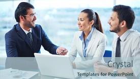  Presentation with project - Slide deck enhanced with business people sitting at the table and discussing project on laptop background and a lemonade colored foreground