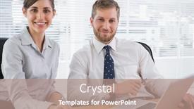  Presentation with business office desk - Beautiful slide deck featuring business people smiling at camera with laptop sitting at desk in office backdrop and a coral colored foreground