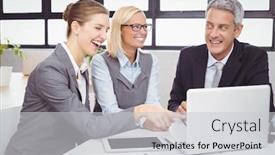  Presentation with business office desk - PPT layouts with business people smiling while discussing over laptop at desk in office background and a light gray colored foreground