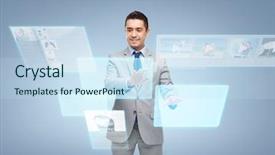  Presentation with mass media - Cool new PPT layouts with business people social networking technology and mass media concept - happy smiling businessman in suit working with virtual screens backdrop and a sky blue colored foreground
