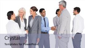  Presentation with speaking - Presentation design consisting of african chinese shaking hands - business people speaking together background and a light blue colored foreground