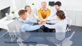 Presentation with motivation - Slide deck consisting of network synergies - business people stack hands togehter background and a seafoam green colored foreground
