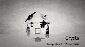  Presentation with five business people standing together and smiling - Presentation enhanced with business people standing in circle background and a  colored foreground