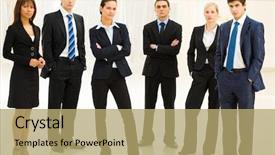  Presentation with well - Presentation enhanced with business people standing in semicircle background and a coral colored foreground