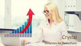  Presentation with business growing - Slide deck enhanced with business people statistics and technology concept - smiling businesswoman with laptop computer papers and growing chart sitting in office background and a lemonade colored foreground