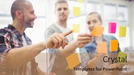  Presentation with social business people network - Audience pleasing theme consisting of business people sticking adhesive notes backdrop and a coral colored foreground