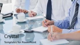  Presentation with focus group hands taking notes - PPT theme with business people taking notes background and a light blue colored foreground