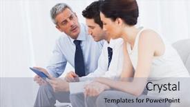  Presentation with files - Audience pleasing PPT layouts consisting of business people talking about files on sofa at office backdrop and a light gray colored foreground