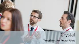  Presentation with blue and orange business people - PPT theme featuring business people talking during coffee background and a light blue colored foreground