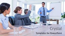  Presentation with people talking - Audience pleasing PPT theme consisting of business people talking during a meeting in the office backdrop and a light blue colored foreground