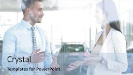  Presentation with people talking - Cool new presentation theme with business people talking in office backdrop and a light blue colored foreground