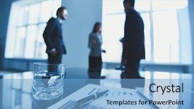  Presentation with water glass - Cool new presentation design with business people talking on background backdrop and a  colored foreground