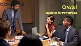  Presentation with meeting minute - Slides with business people talking standing up - businessman addressing colleagues background and a tawny brown colored foreground