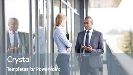  Presentation with female office graphics - Colorful presentation design enhanced with business people talking standing up - businessman discussing with female colleague backdrop and a gray colored foreground