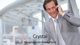  Presentation with phone - Amazing PPT layouts having business people talking standing up - businessman on mobile phone backdrop and a light gray colored foreground