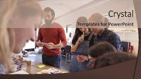  Presentation with design - Cool new theme with business people talking standing up - creative brainstorming meeting in design backdrop and a soft green colored foreground