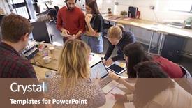  Presentation with design - PPT layouts with business people talking standing up - creative brainstorming meeting in design background and a coral colored foreground