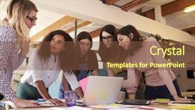  Presentation with female office graphics - Cool new presentation with business people talking standing up - female designers having brainstorming meeting backdrop and a tawny brown colored foreground