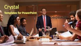  Presentation with team meeting - Audience pleasing PPT theme consisting of business people talking standing up - smiling businessman addressing team backdrop and a  colored foreground