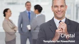  Presentation with unlock potential motivational concept manager - Presentation theme featuring business people talking standing up - smiling manager tidying his tie background and a  colored foreground