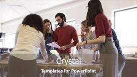  Presentation with team meeting - Audience pleasing slides consisting of business people talking standing up - team of designers having brainstorming backdrop and a violet colored foreground