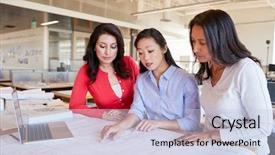  Presentation with urban neighborhood plans - Slides with business people talking standing up - three female architects studying plans background and a light blue colored foreground