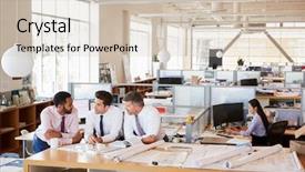  Presentation with discussion - Slides featuring business people talking standing up - three male architects in discussion background and a soft green colored foreground