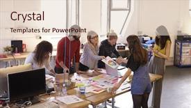  Presentation with wide - PPT theme featuring business people talking standing up - wide angle shot of designers background and a lemonade colored foreground