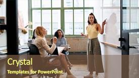  Presentation with team meeting - Beautiful slides featuring business people talking standing up - woman looking to whiteboard backdrop and a tawny brown colored foreground