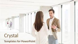  Presentation with new office - PPT layouts consisting of business people talking standing up - young businessman discussing with female background and a sky blue colored foreground