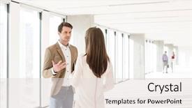  Presentation with new office - Amazing PPT layouts having business people talking standing up - young businessman discussing with female backdrop and a light gray colored foreground