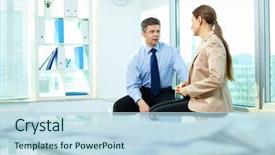  Presentation with workday - PPT theme consisting of business people talking background and a sky blue colored foreground